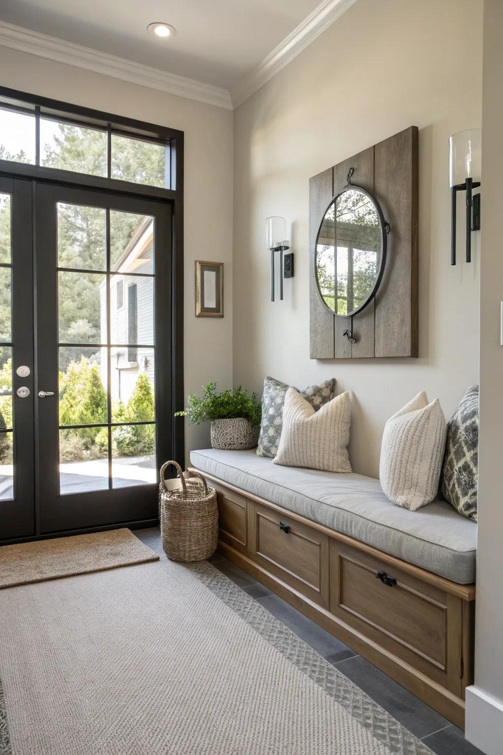 A cozy upholstered bench layered with soft cushions in a contemporary entryway.