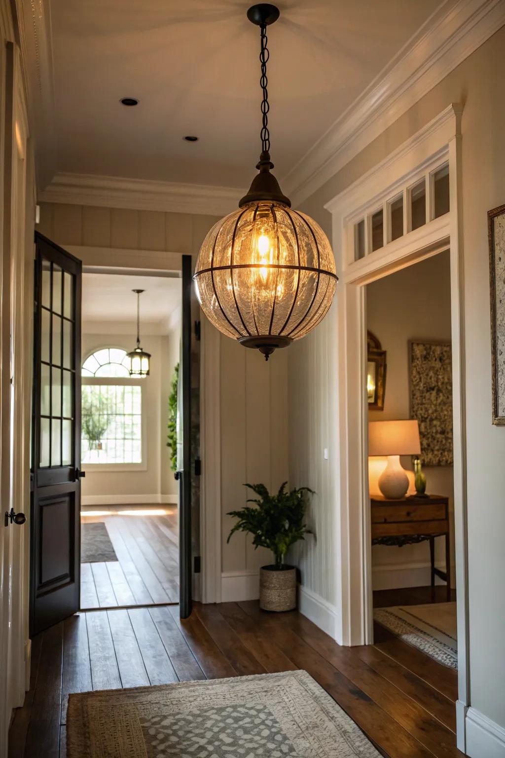 An entryway featuring a pendant light with a unique bulb design that adds a touch of whimsy.