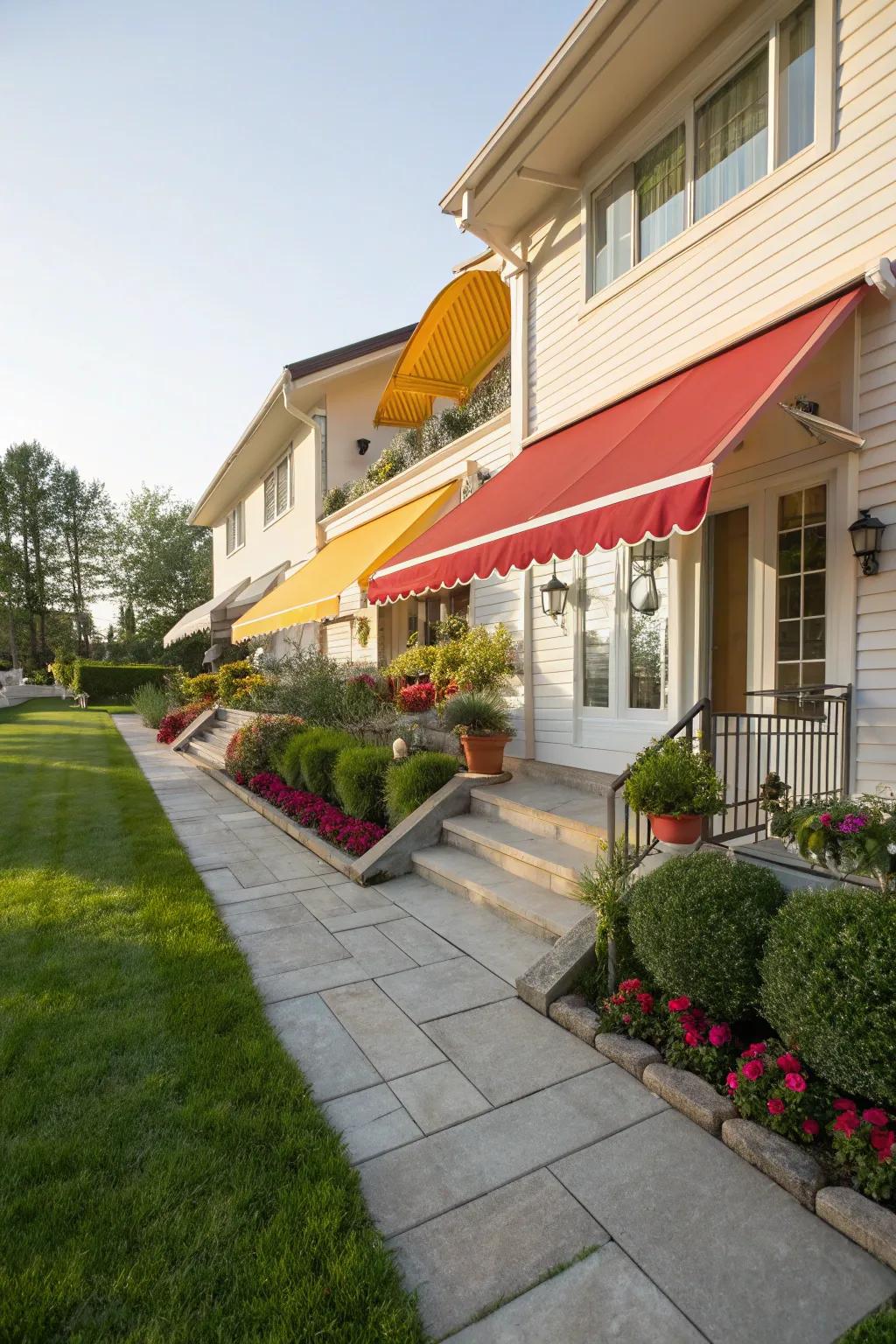 Colorful retractable canvas awnings offer both function and flair.