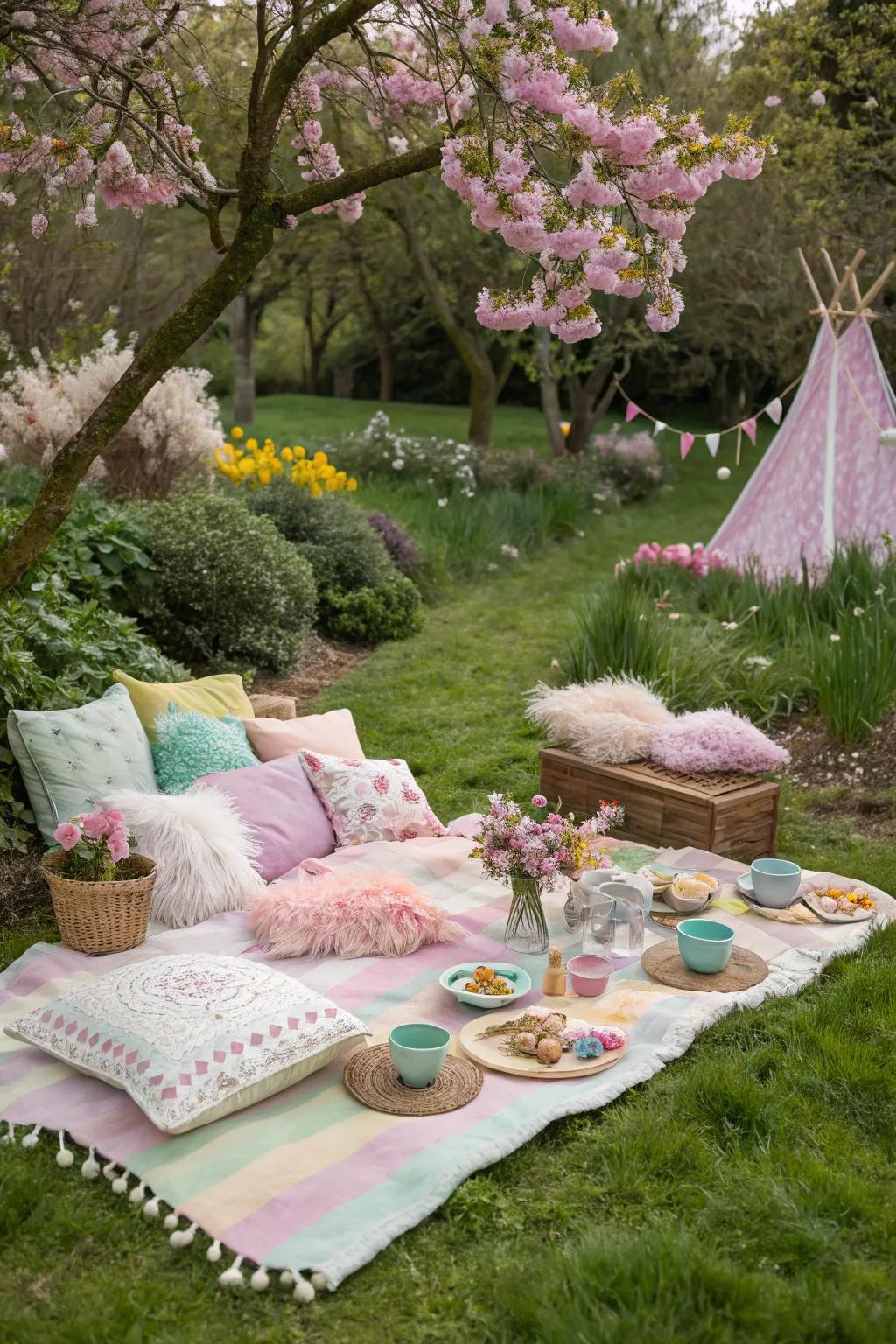 A cozy picnic setup creates a fairy-tale atmosphere.