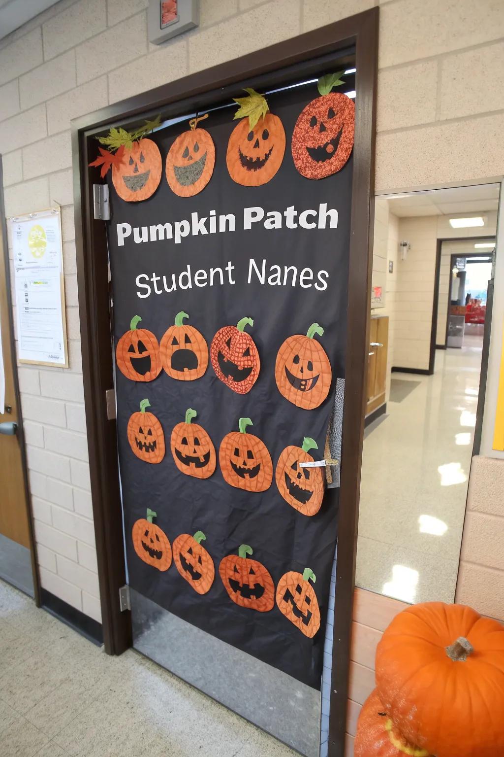 A charming pumpkin patch door featuring student names.