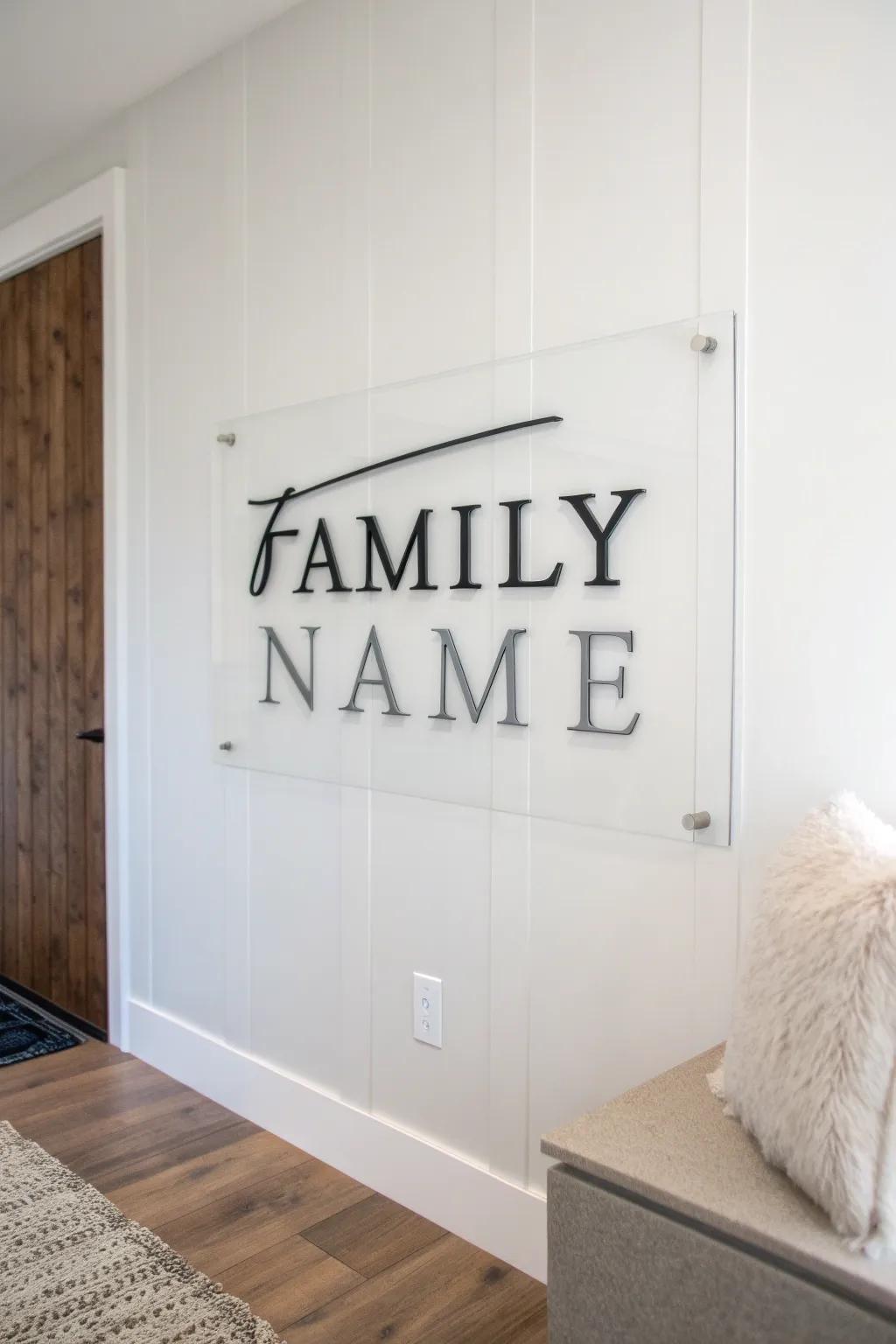 A modern acrylic family name sign complementing a minimalist decor.