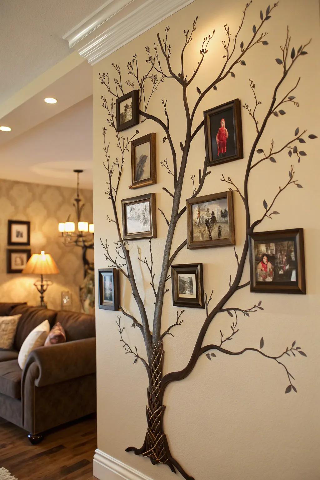 A creative family tree display with branches and integrated family photos.