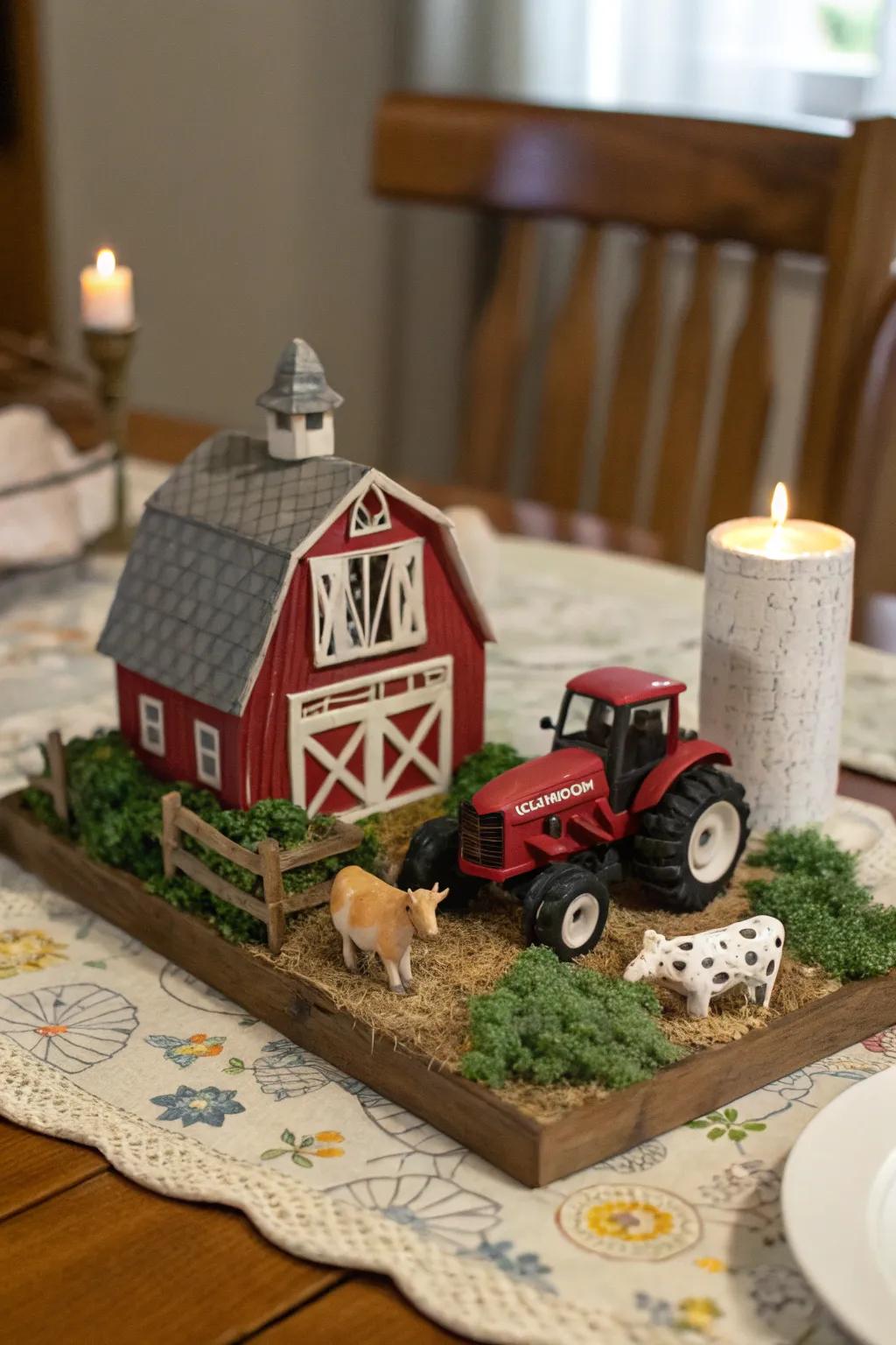 A playful miniature barnyard scene adds whimsy to the table.