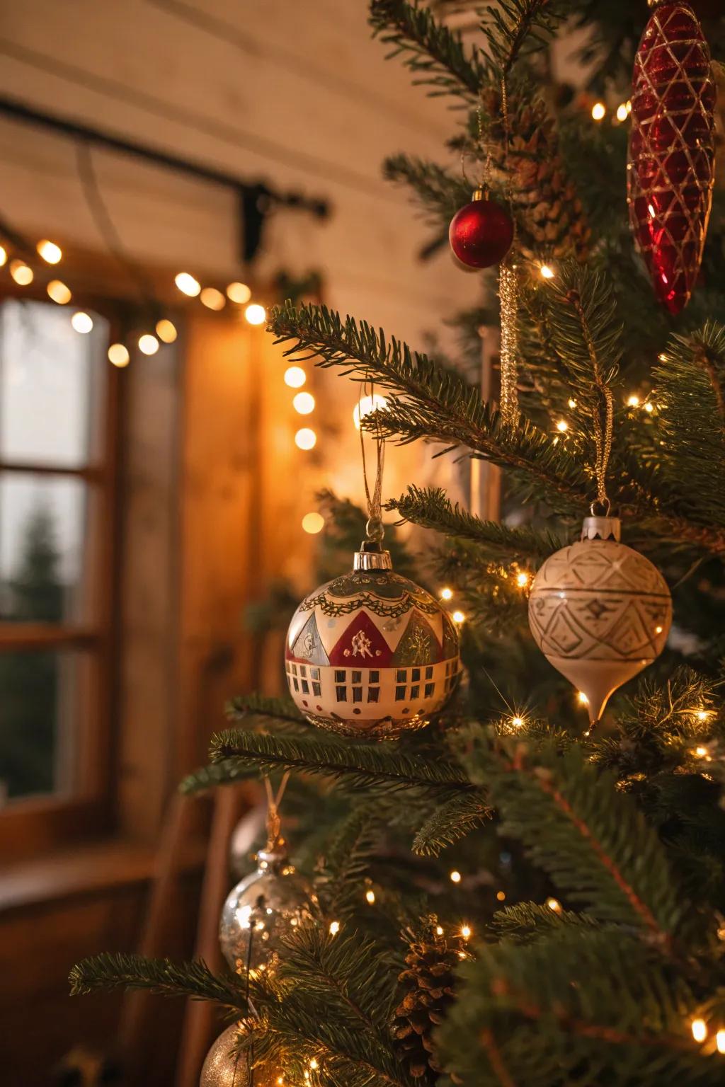 Vintage ornaments add a nostalgic touch to this farmhouse Christmas tree.