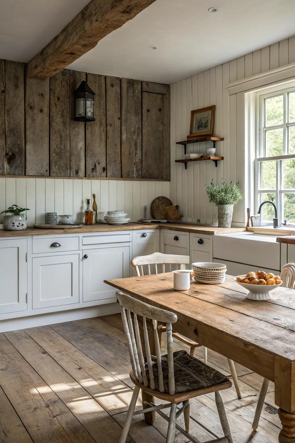 A farmhouse kitchen with a weathered wood panel backsplash.