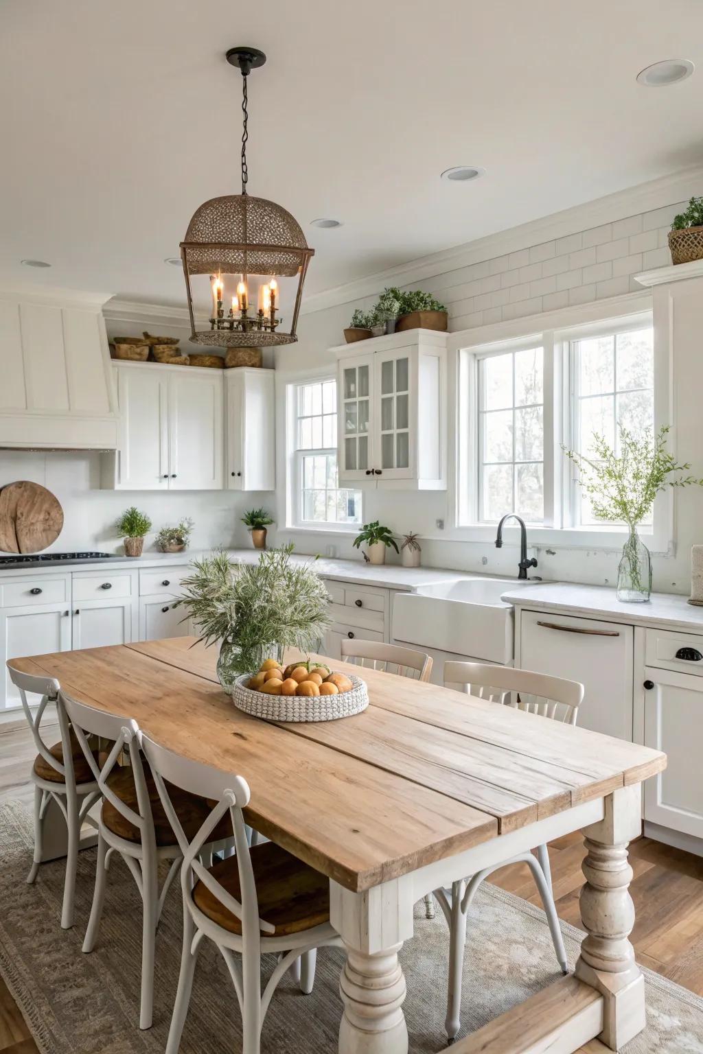 A bright farmhouse kitchen with white cabinetry and neutral accents.