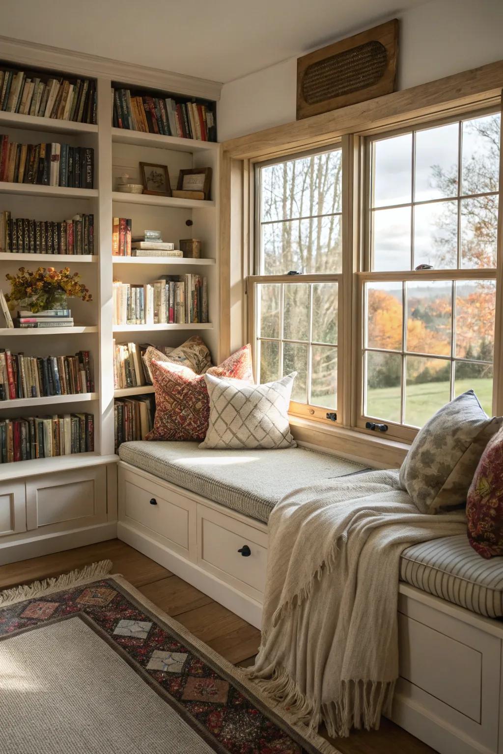 A window nook invites relaxation and offers a bright reading spot.