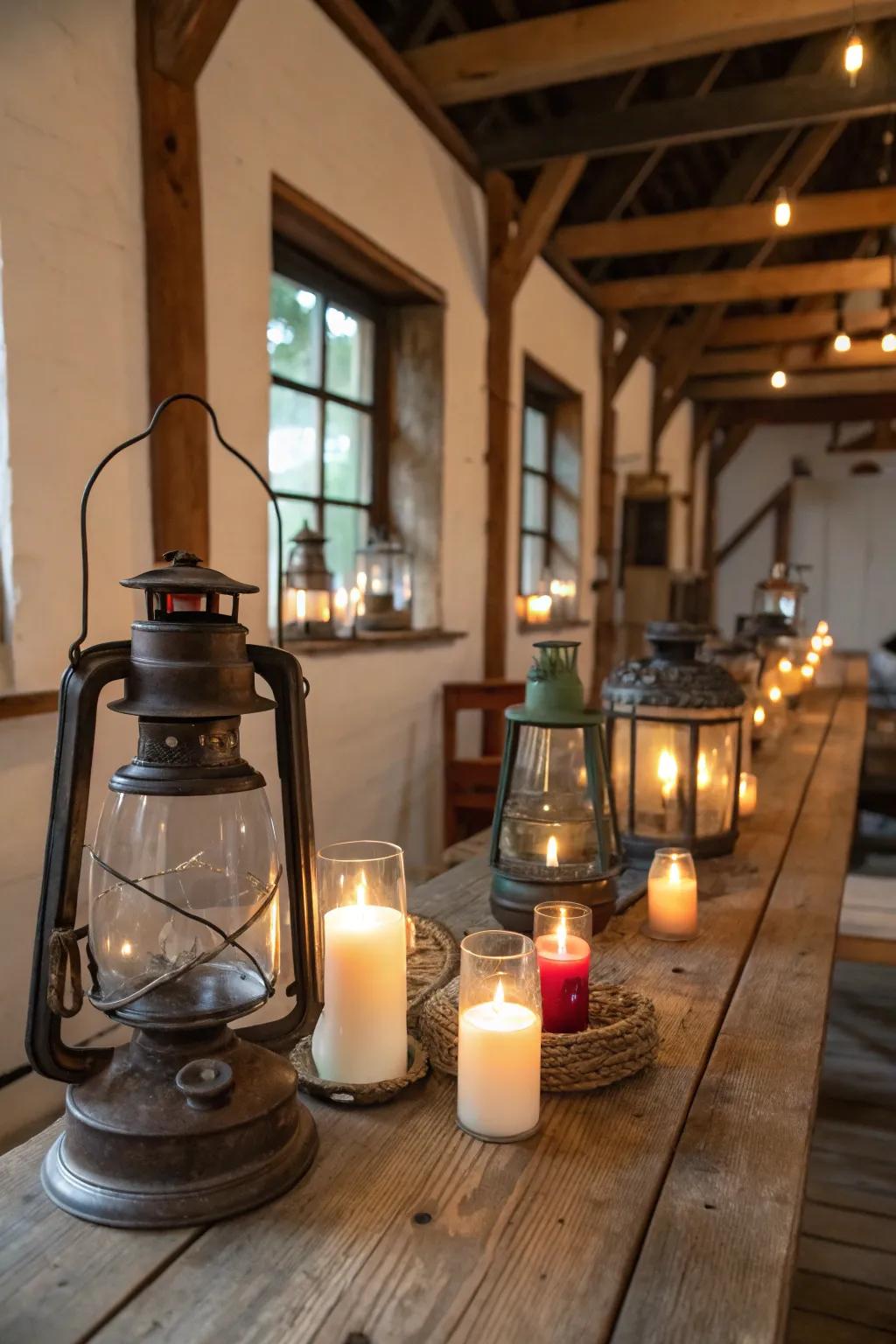 Lanterns with candles bring a warm, inviting glow to any table setting.