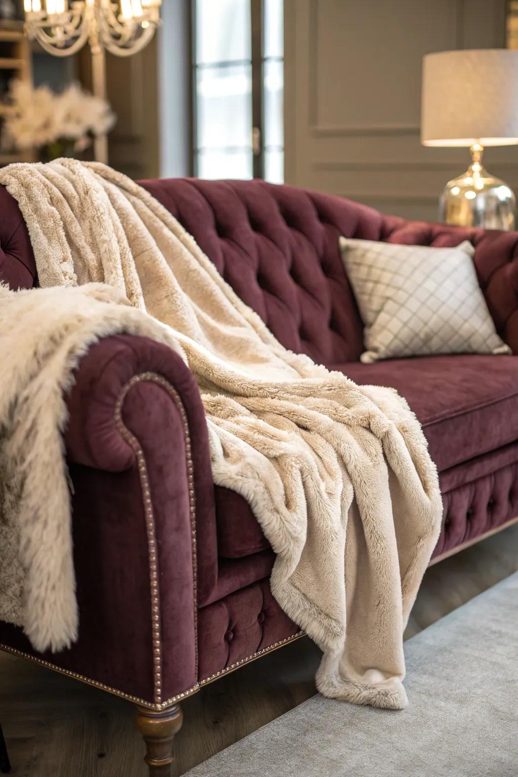 A velvet sofa adorned with cozy faux fur throws, creating a luxurious feel.