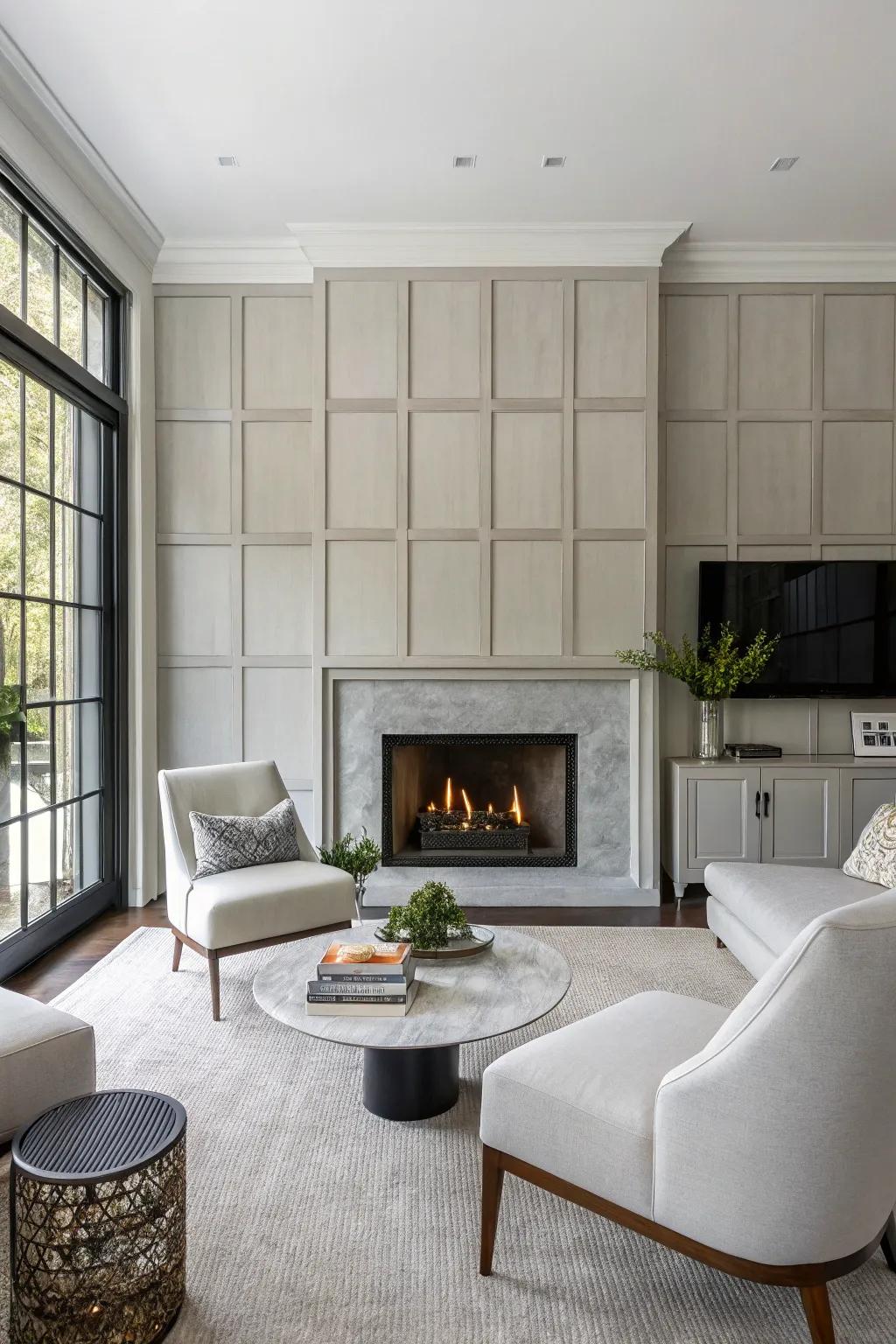 A minimalist living room with a sleek fireplace surround and neutral tones.