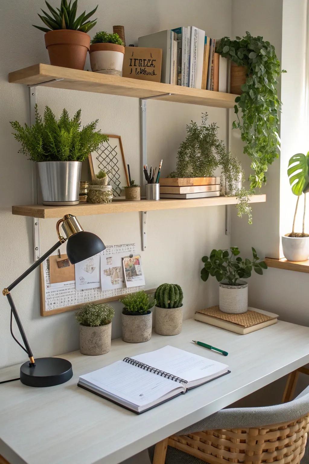 Add a touch of nature with small plants on floating shelves above your desk.