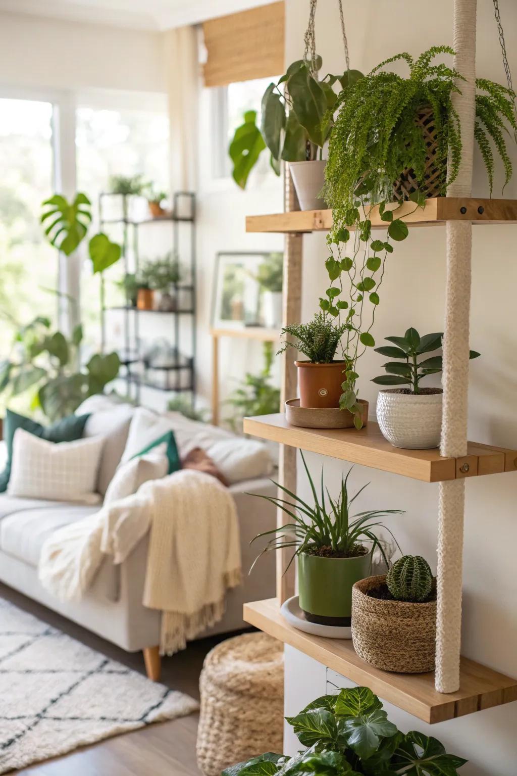 Floating shelves adorned with lush greenery