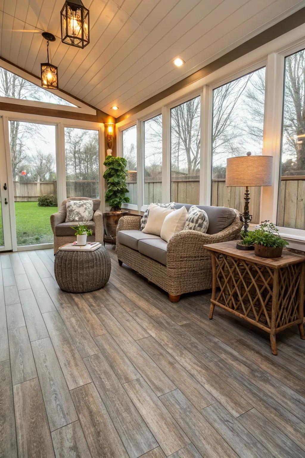 Vinyl plank flooring offers style and durability in a three-season room.