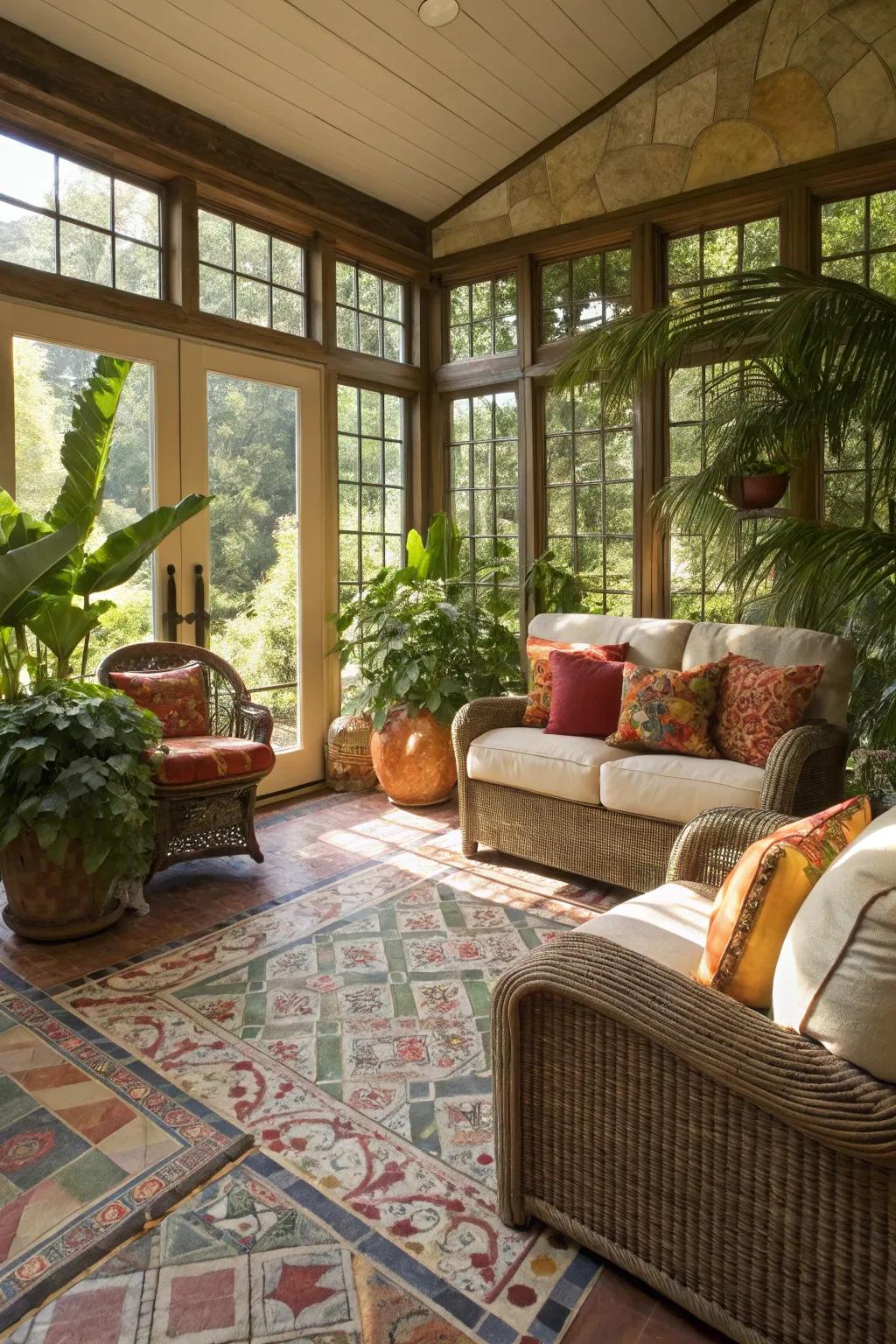 Mediterranean-style sunroom with tile flooring.