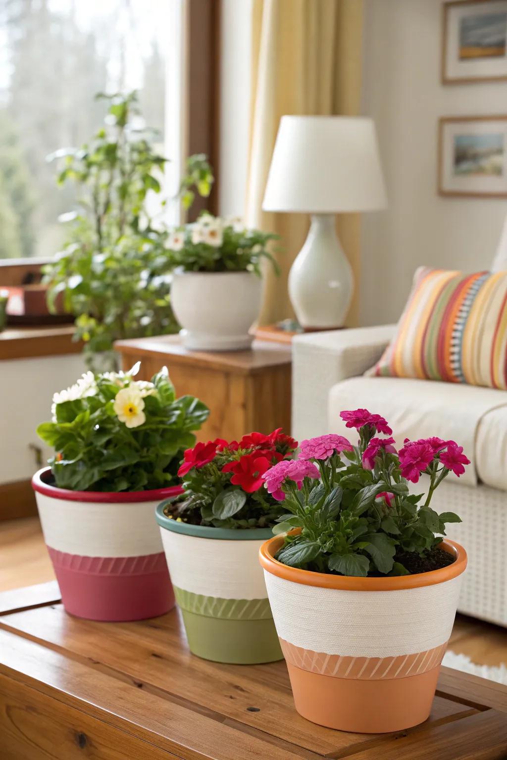 Themed flower pots creating a harmonious look.