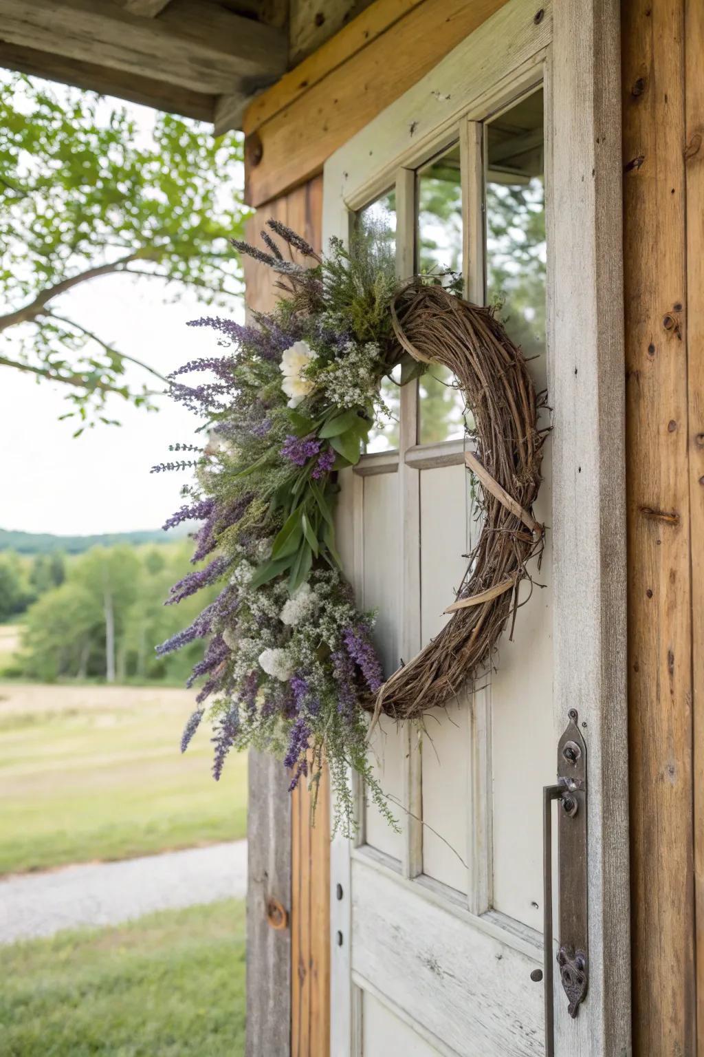 Rustic charm with a twig and flower wreath.