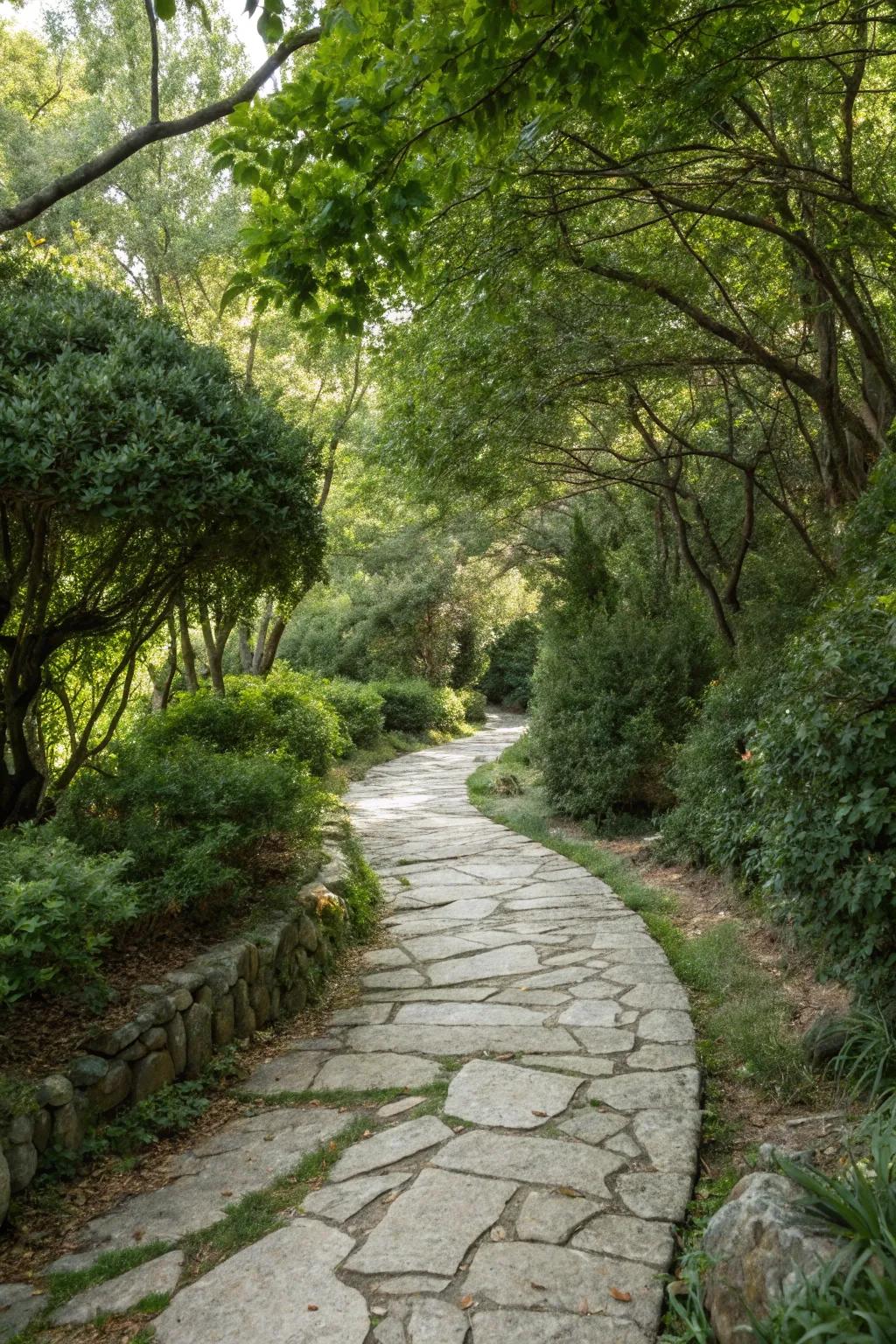 Winding stone pathway creating intrigue and exploration.