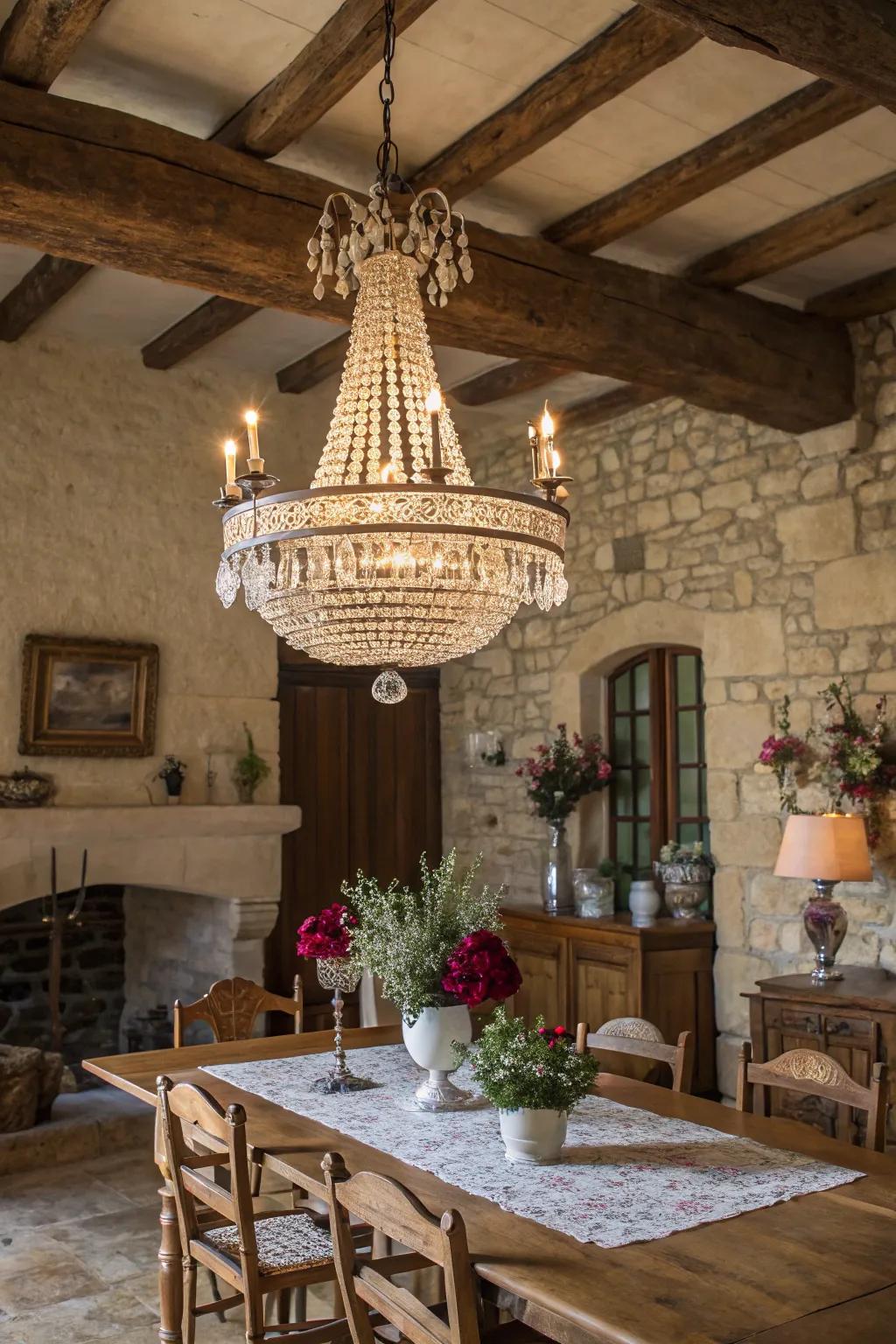 A crystal chandelier adds elegance and warmth to the dining area.