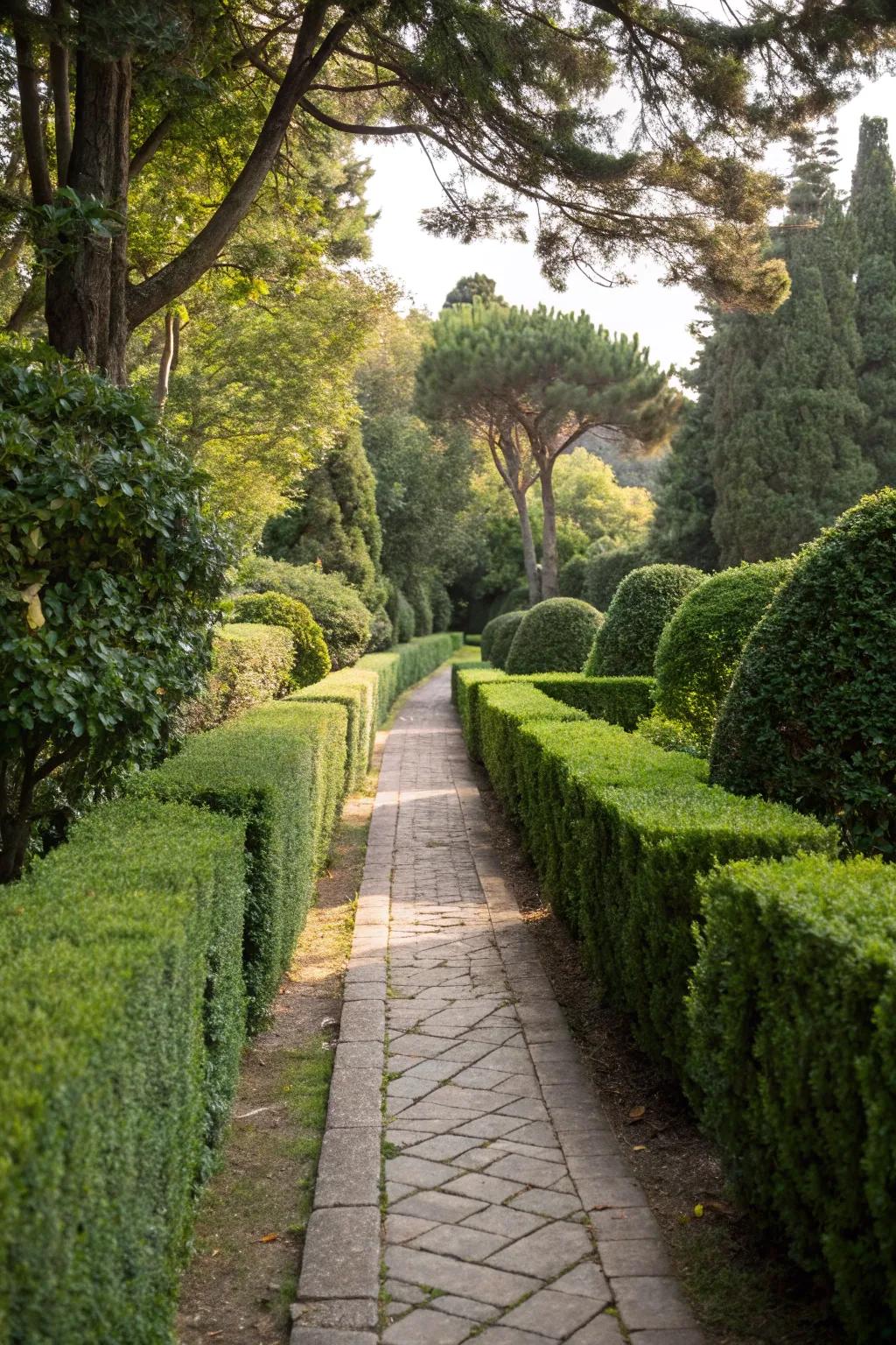 Boxwoods lining a pathway, adding structure and elegance.