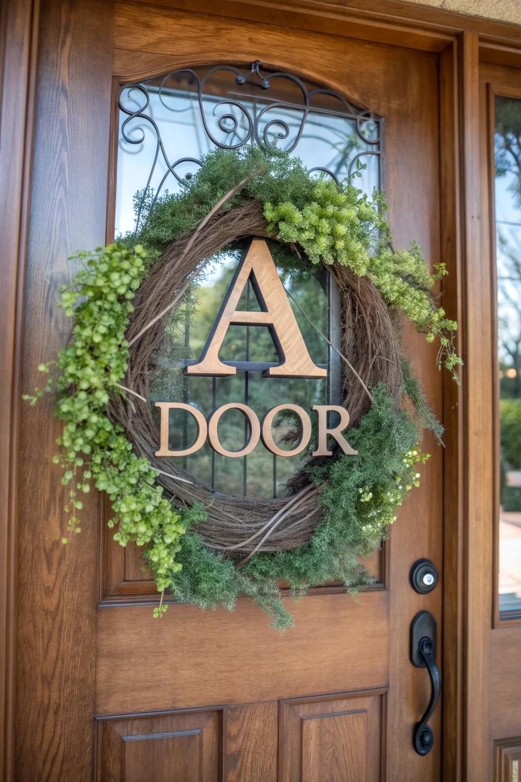 A personalized initial wreath enhancing the entrance with a personal touch.