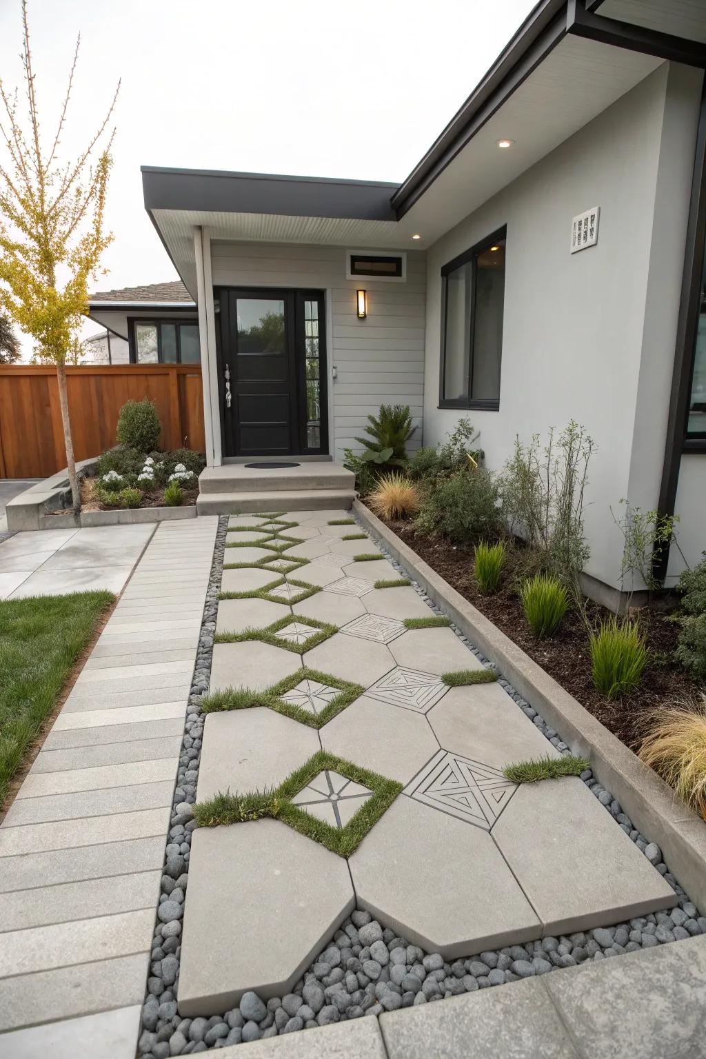 Sleek concrete pavers for a sophisticated entrance.