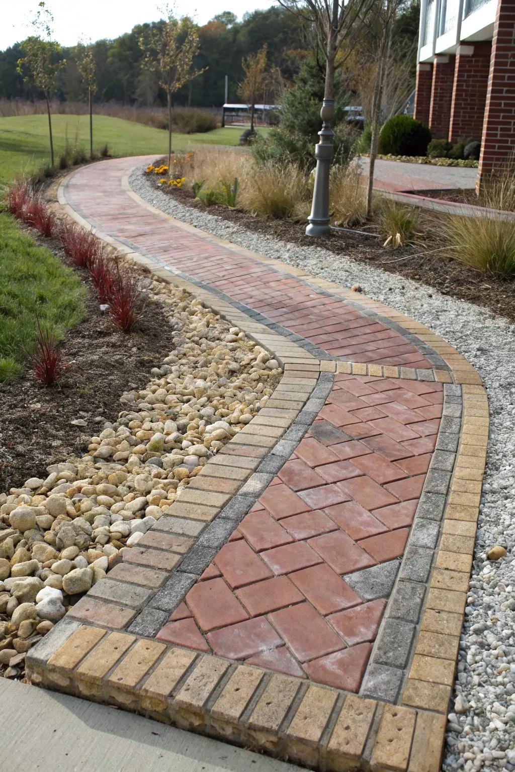 A textured walkway combining brick and gravel for a unique look.