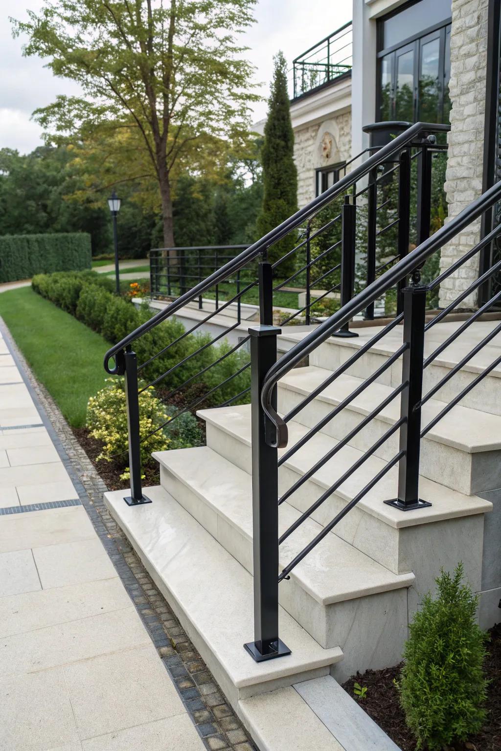 Modern metal railings add a contemporary touch.