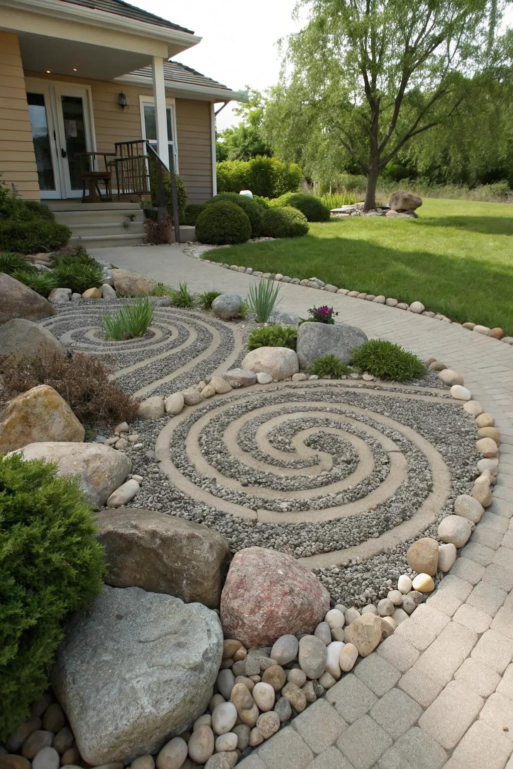 A front yard rock garden featuring a spiral decorative rock pattern.