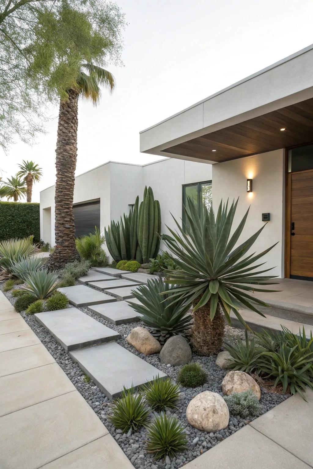 Sculptural plants like yucca and agave add height and drama to modern landscaping.