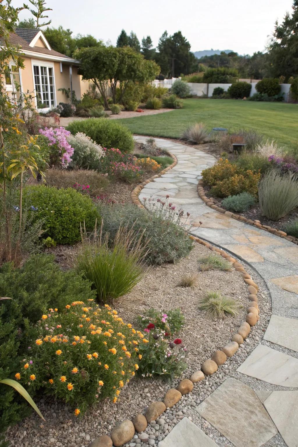 Gravel and stone pathways add structure and elegance to a xeriscape garden.