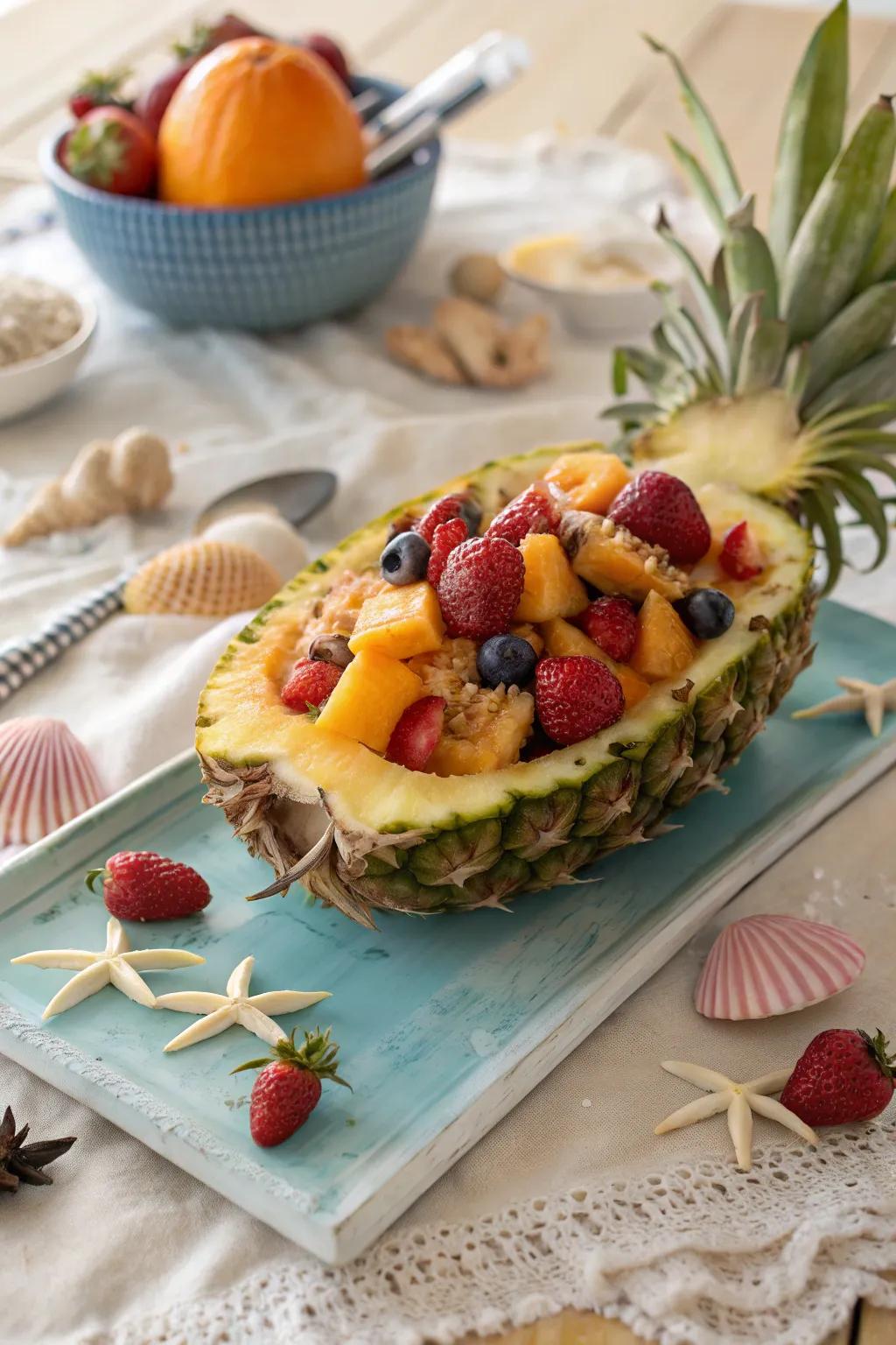 A pineapple boat makes for a tropical and eye-catching fruit salad presentation.