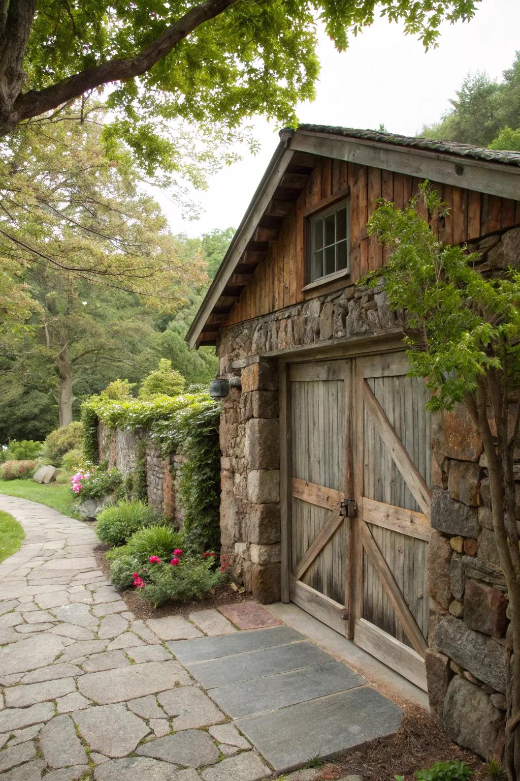 A rustic garage that evokes the charm of a countryside retreat.