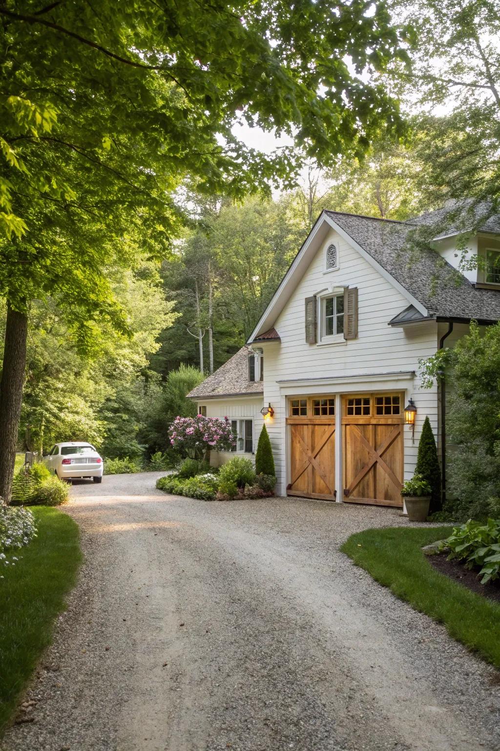 A gravel driveway that perfectly complements a rustic home.