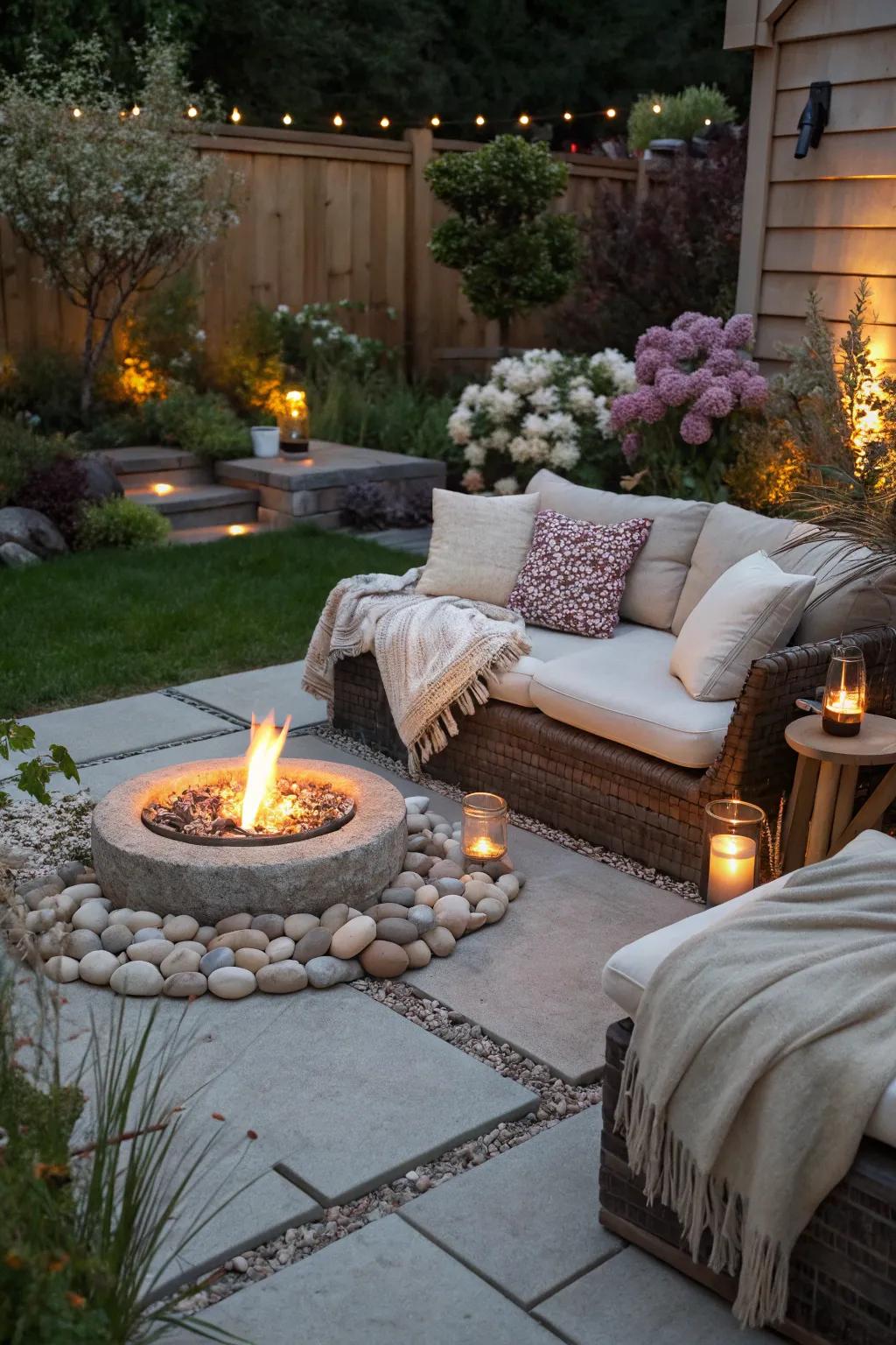 A welcoming fire pit corner perfect for evening gatherings.