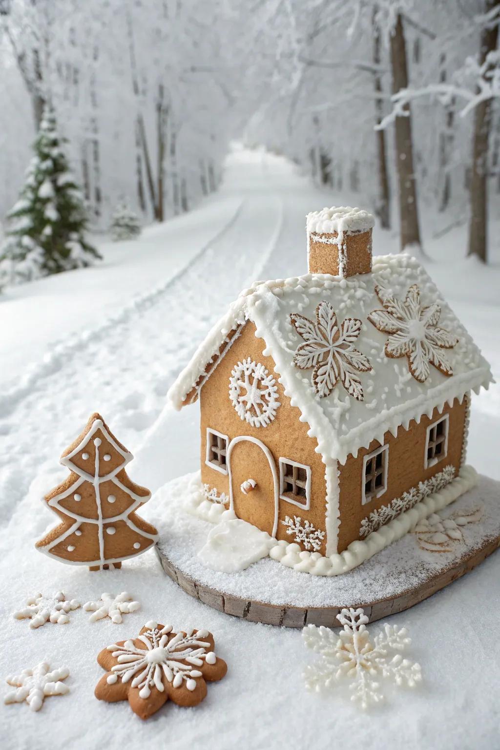 A snowy gingerbread house resembling a winter wonderland.