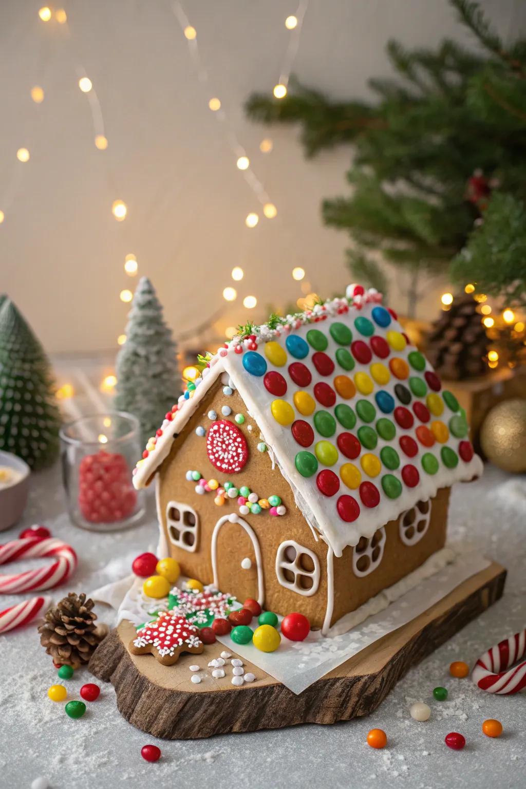 A vibrant gumdrop-covered gingerbread roof.