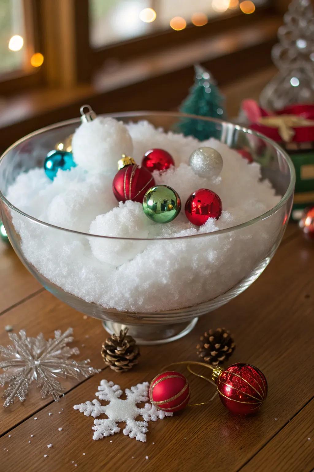 A glass bowl with a layer of fake snow for a wintery look.