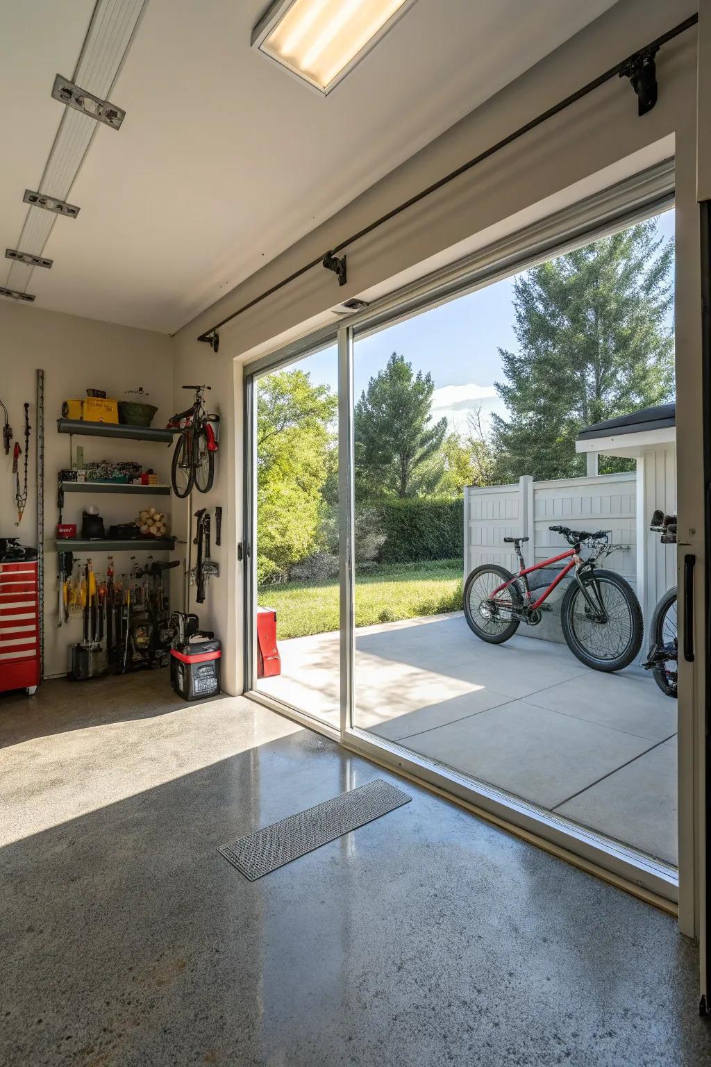 A bright garage space enhanced by a glass garage door.