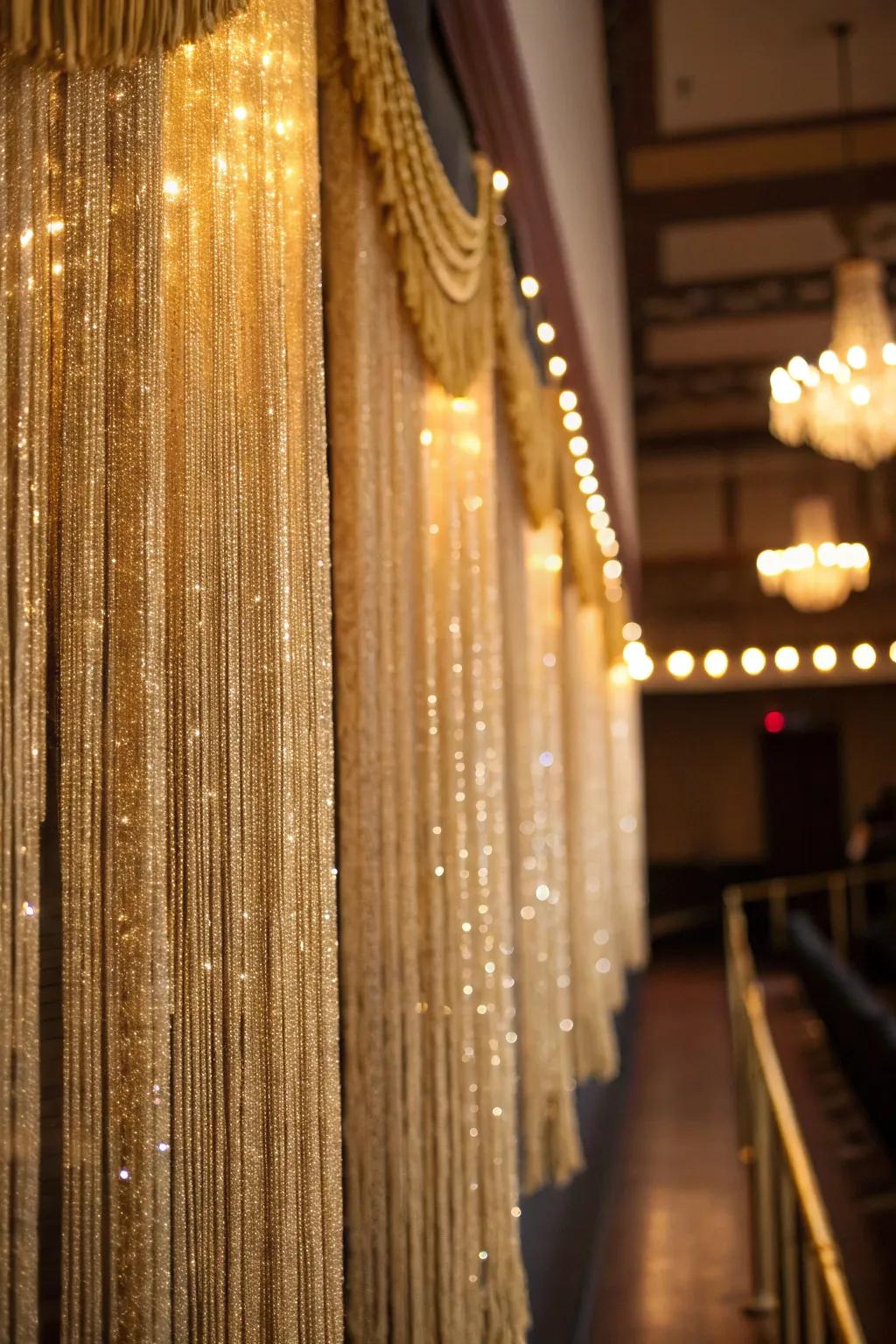 Gold fringe curtains provide a sparkling backdrop perfect for memorable photos.