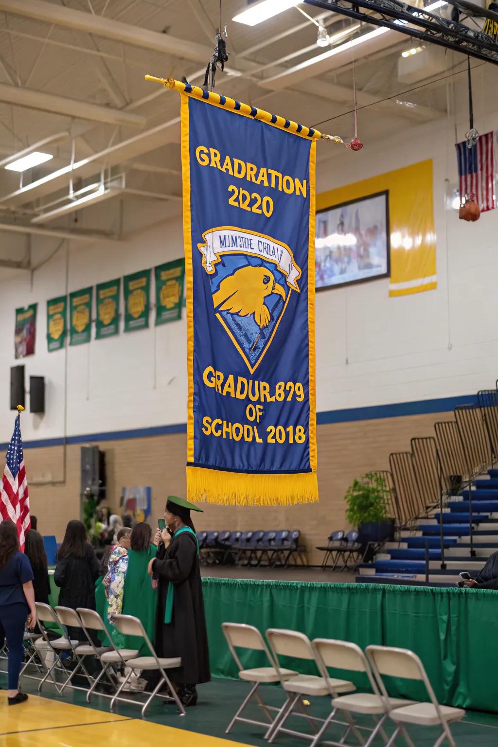 A banner proudly displaying school spirit with colors and mascots.