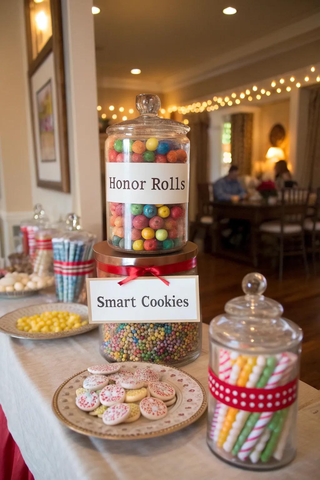 Punny candy labels add a fun twist to your graduation table.