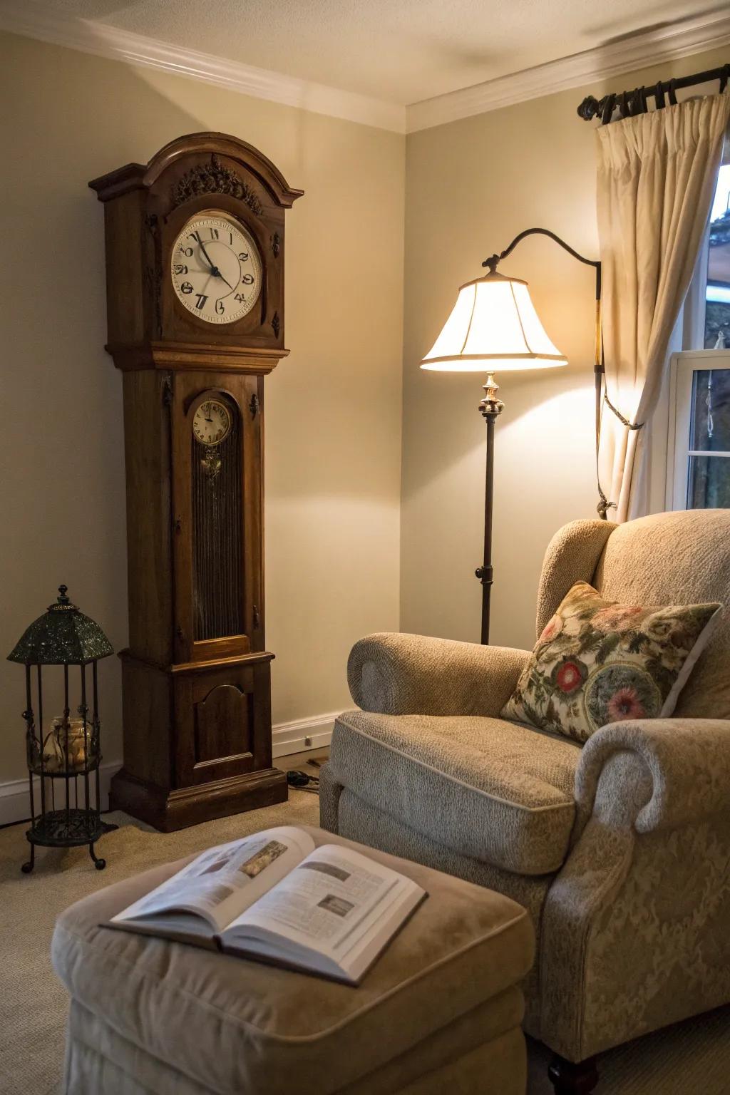 A cozy corner with a grandfather clock becomes the perfect reading spot.