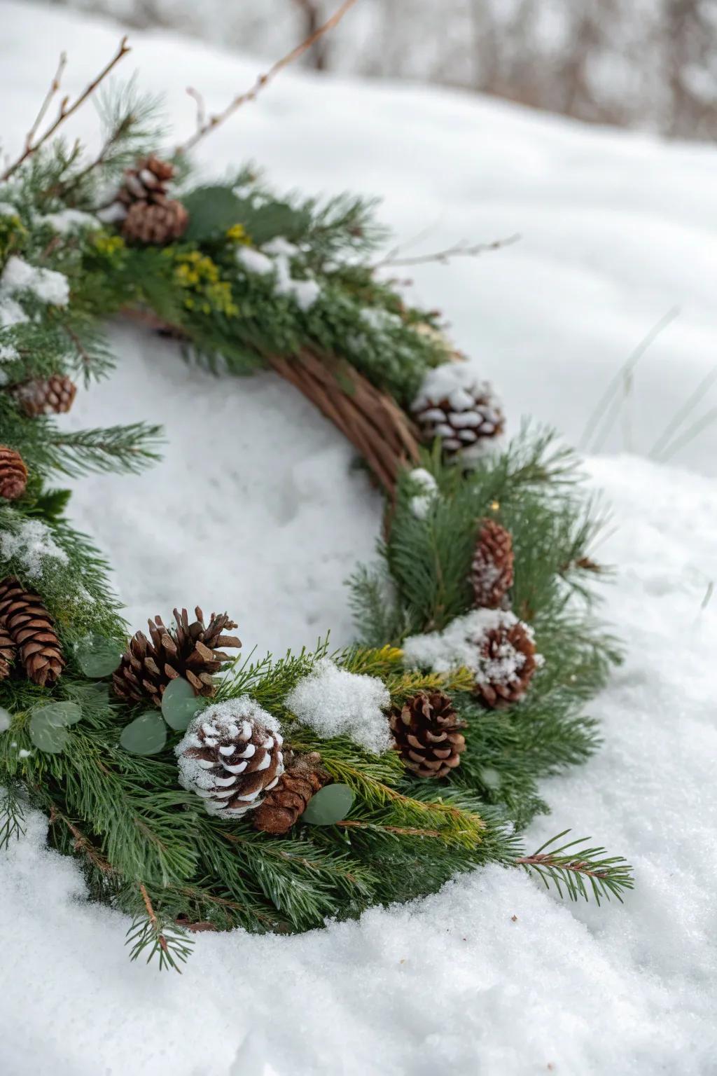 A winter-themed grapevine wreath with evergreens and pinecones.