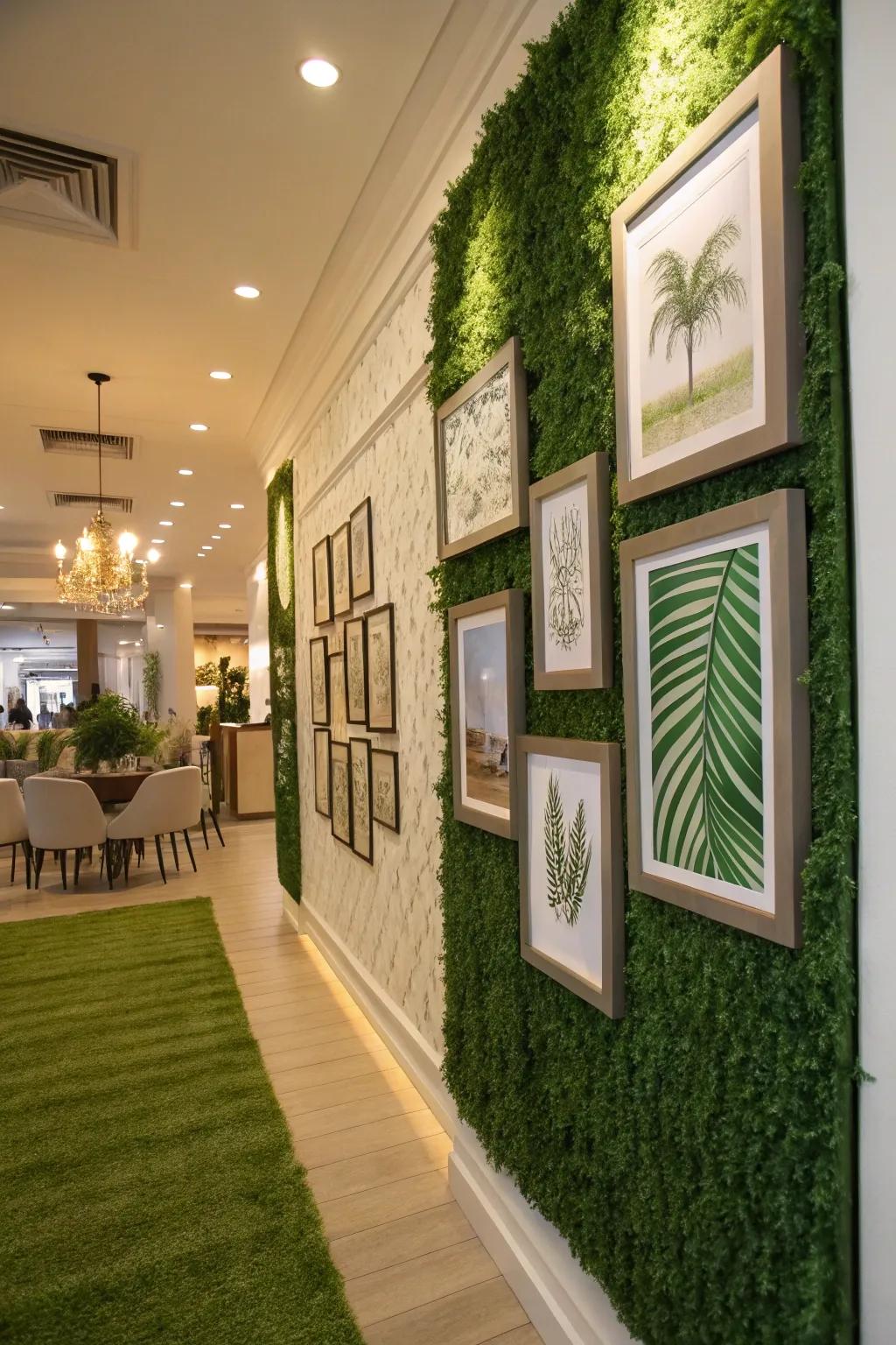 A stylish interior wall combines grass and framed art for a unique decorative touch.