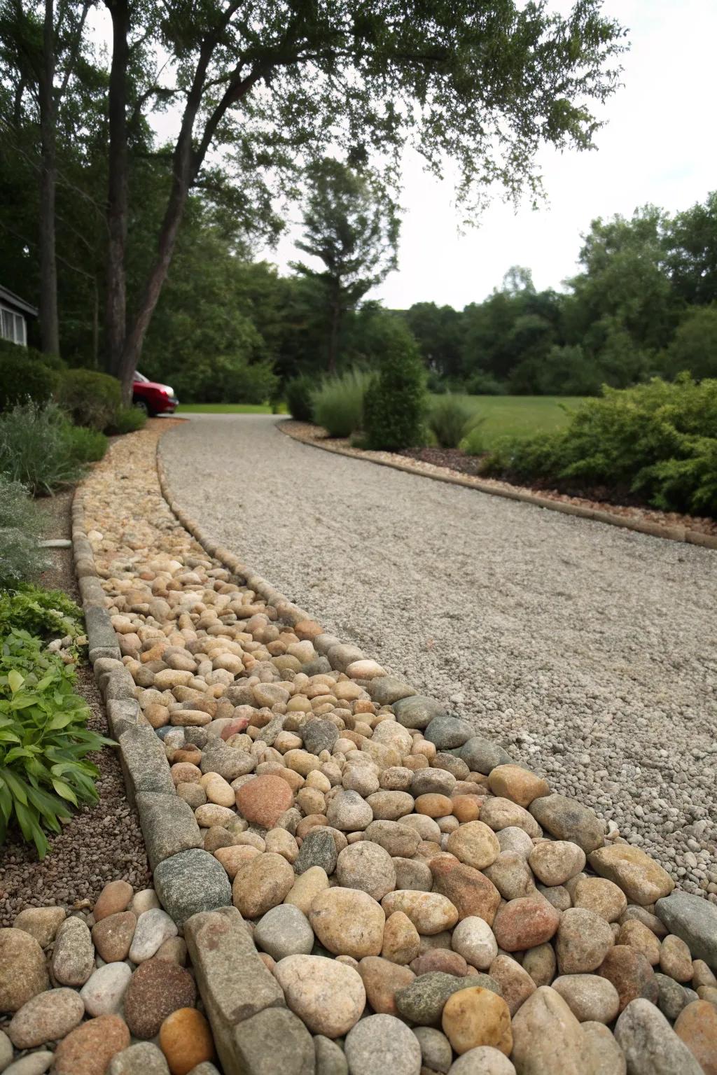 Natural stone borders add a timeless elegance to the driveway.