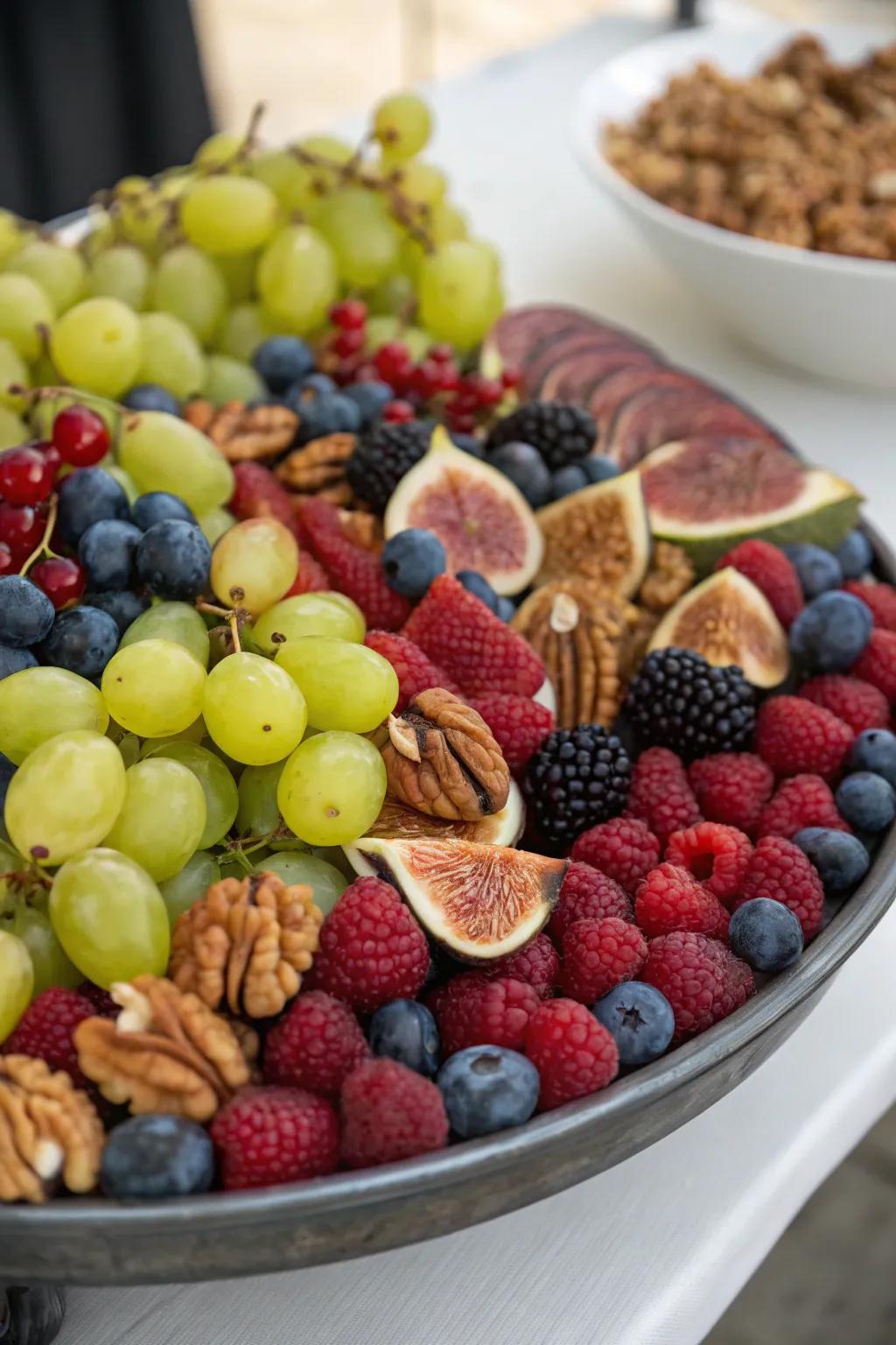 A vibrant display of fresh fruits and nuts.