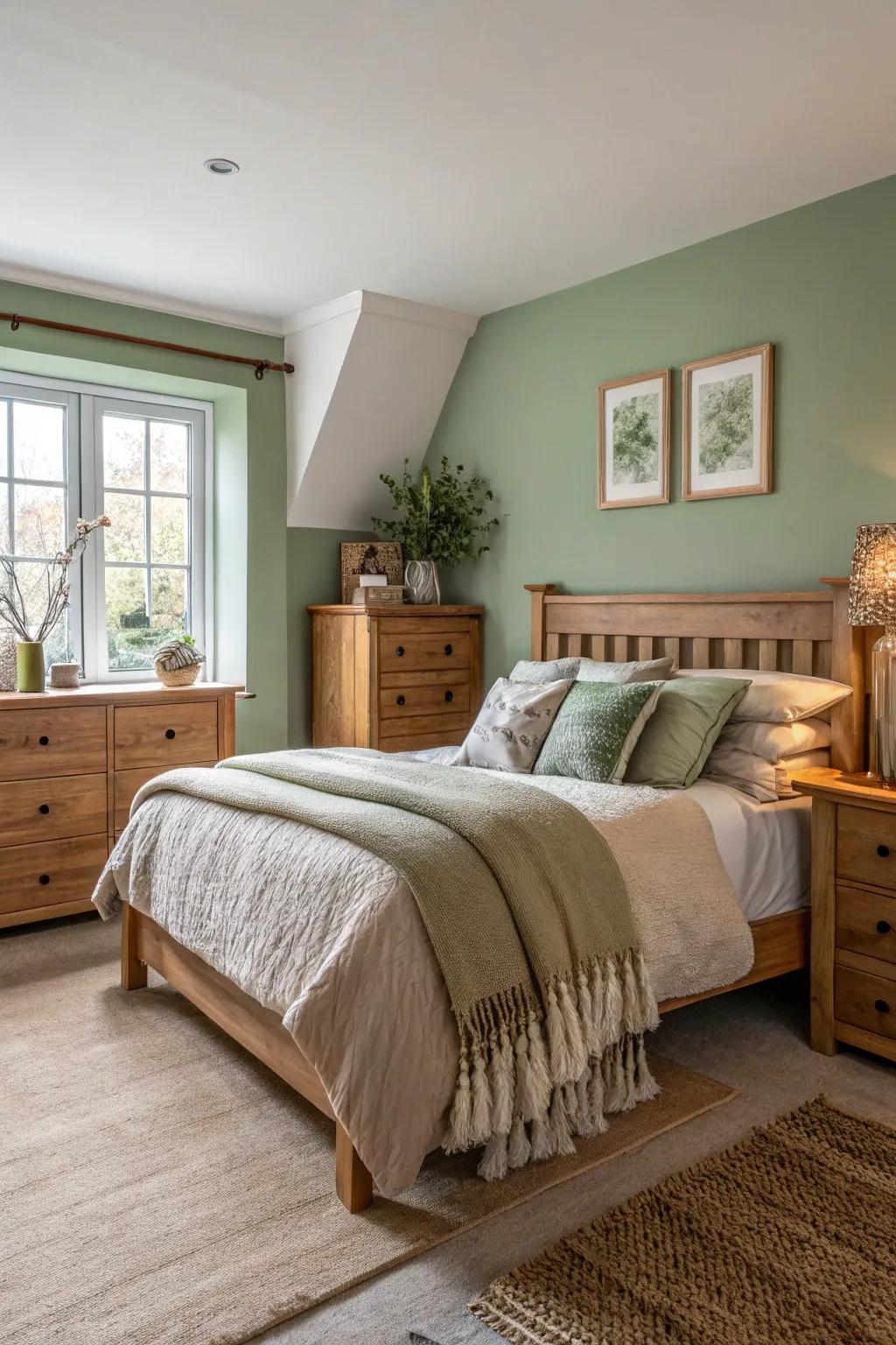 A sage green wall sets a tranquil tone in this serene bedroom.