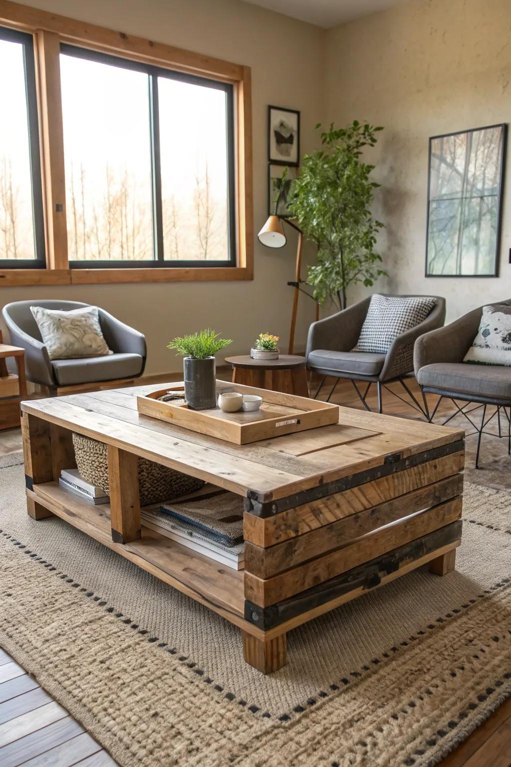 A living space featuring a coffee table made from reclaimed wood.