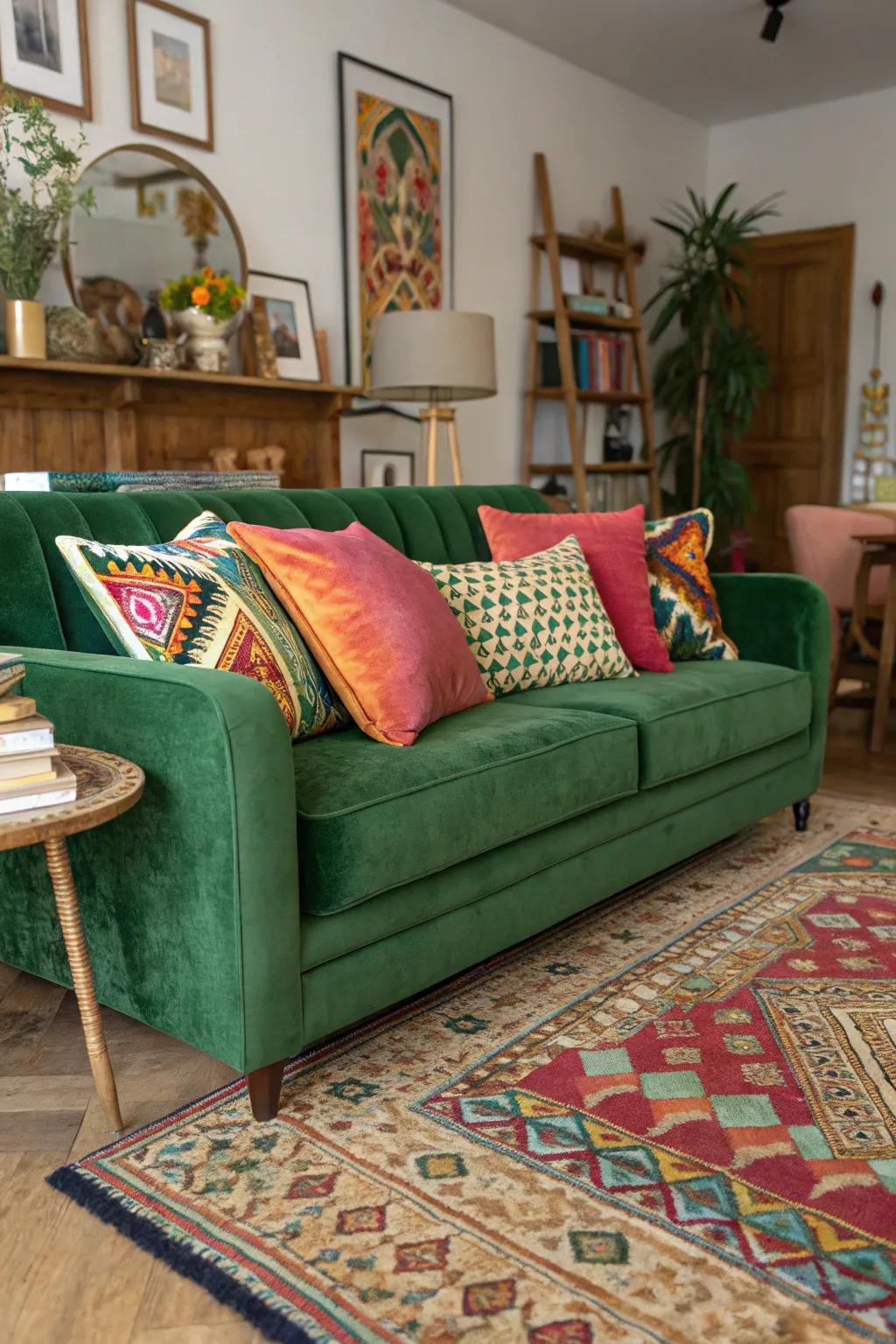 An eclectic living room with a green velvet couch and vibrant accessories.